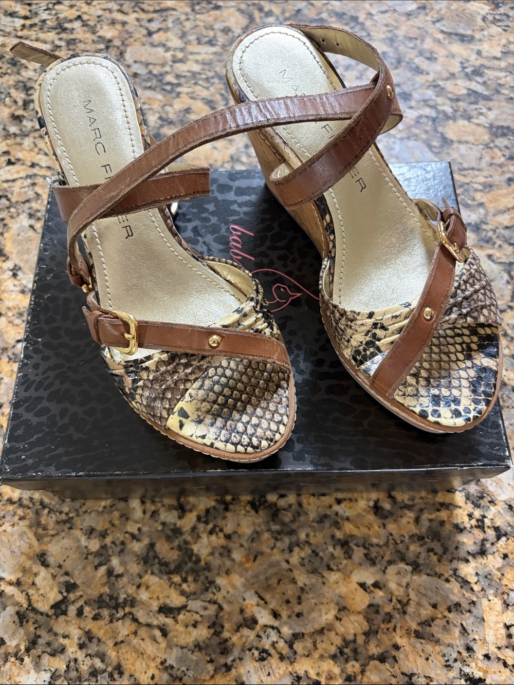 Marc Fisher Brown Snake-Print Wedge Sandals with Tan Straps